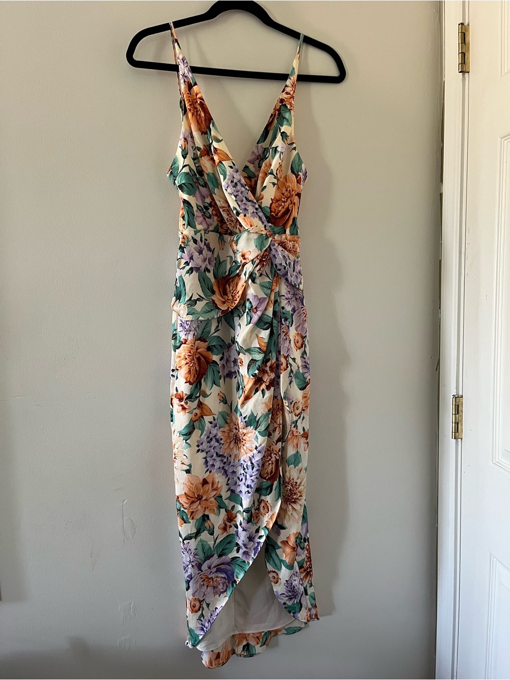 Express Floral Midi Dress XS Green Tropical Wrap Front Vacation Resort Feminine